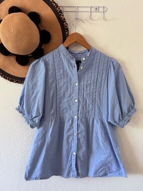 GAP Cornflower Blue Poplin Cotton Puff Sleeve Button Front Blouse Size Medium